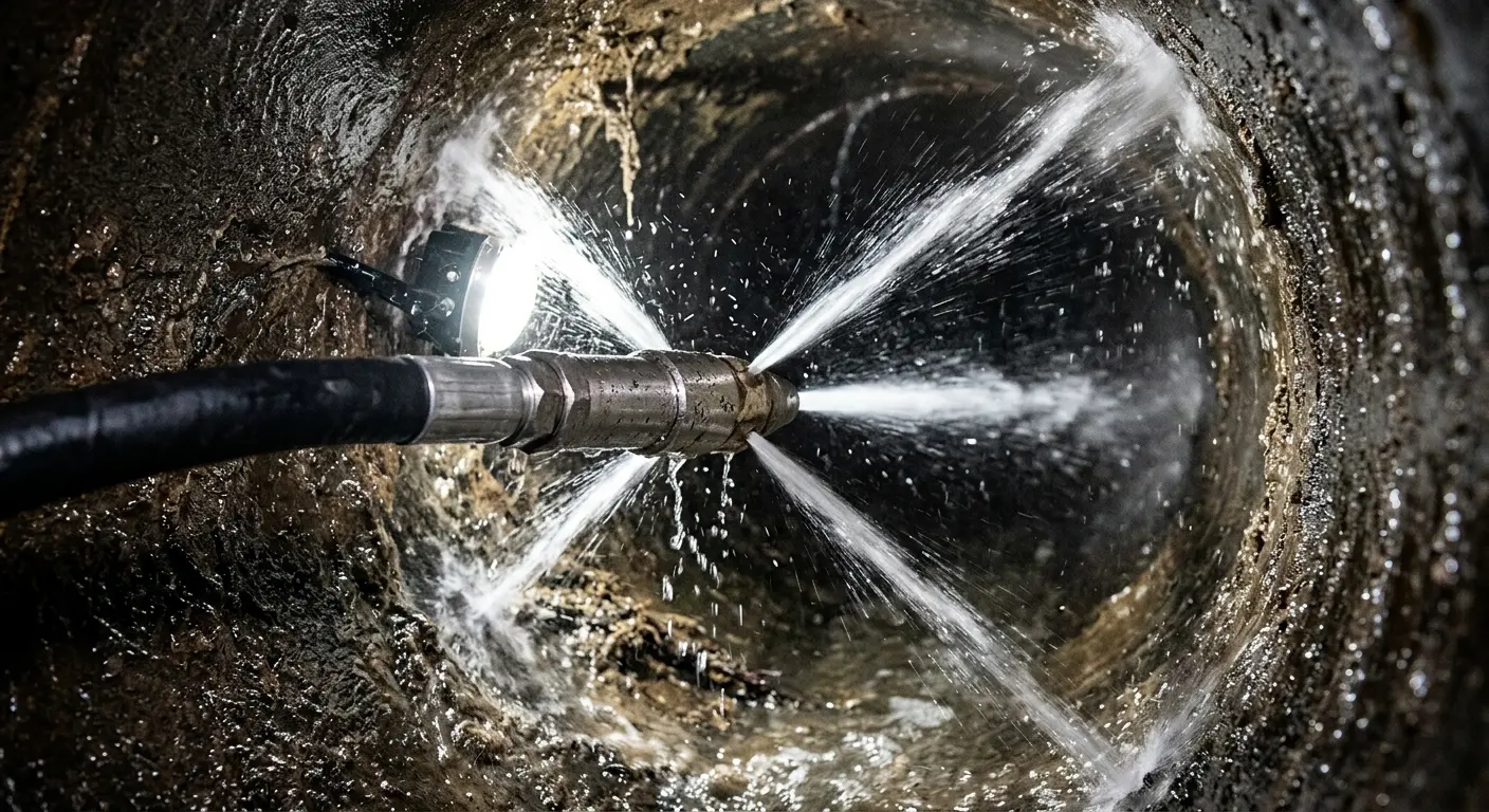 High-pressure hydro jetting nozzle cleaning sewer pipe for Emergency Drain Service in Florence-Graham