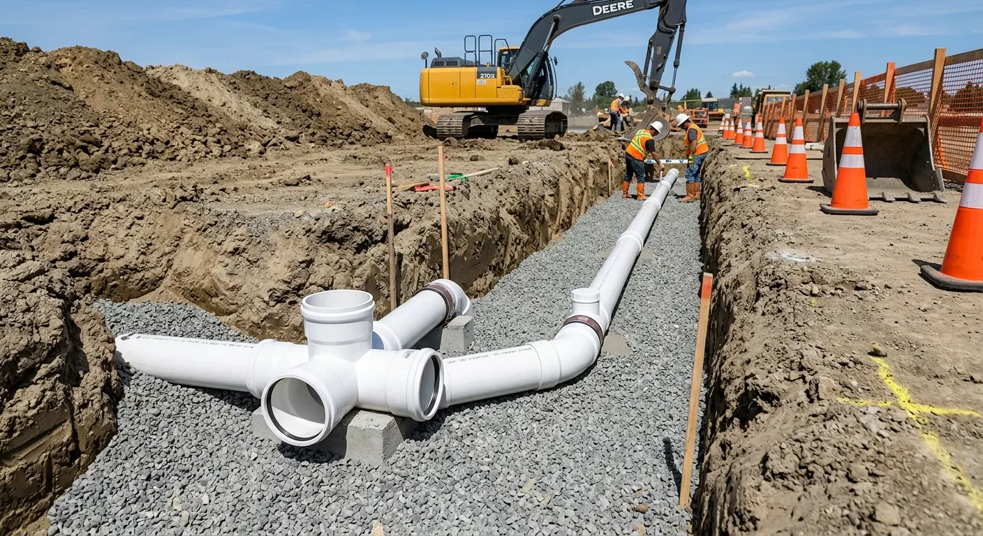 New PVC sewer pipe installation in open trench for Commercial Drain Cleaning in Florence-Graham